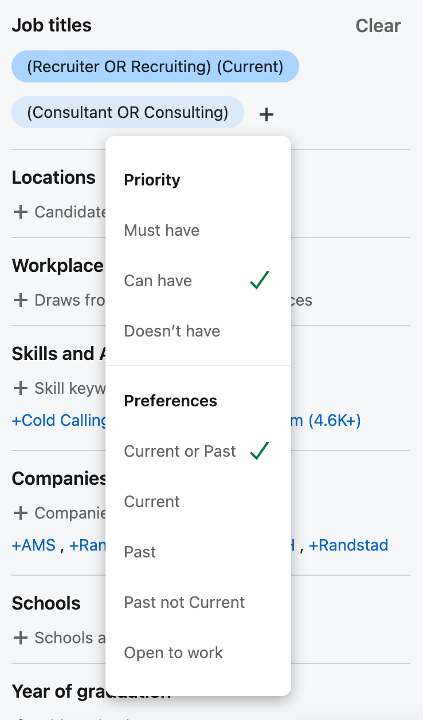 Screenshot of the LinkedIn Recruiter Search with the new function to the priority: Can have, Must have, Doesn't have in combination with the preferences
